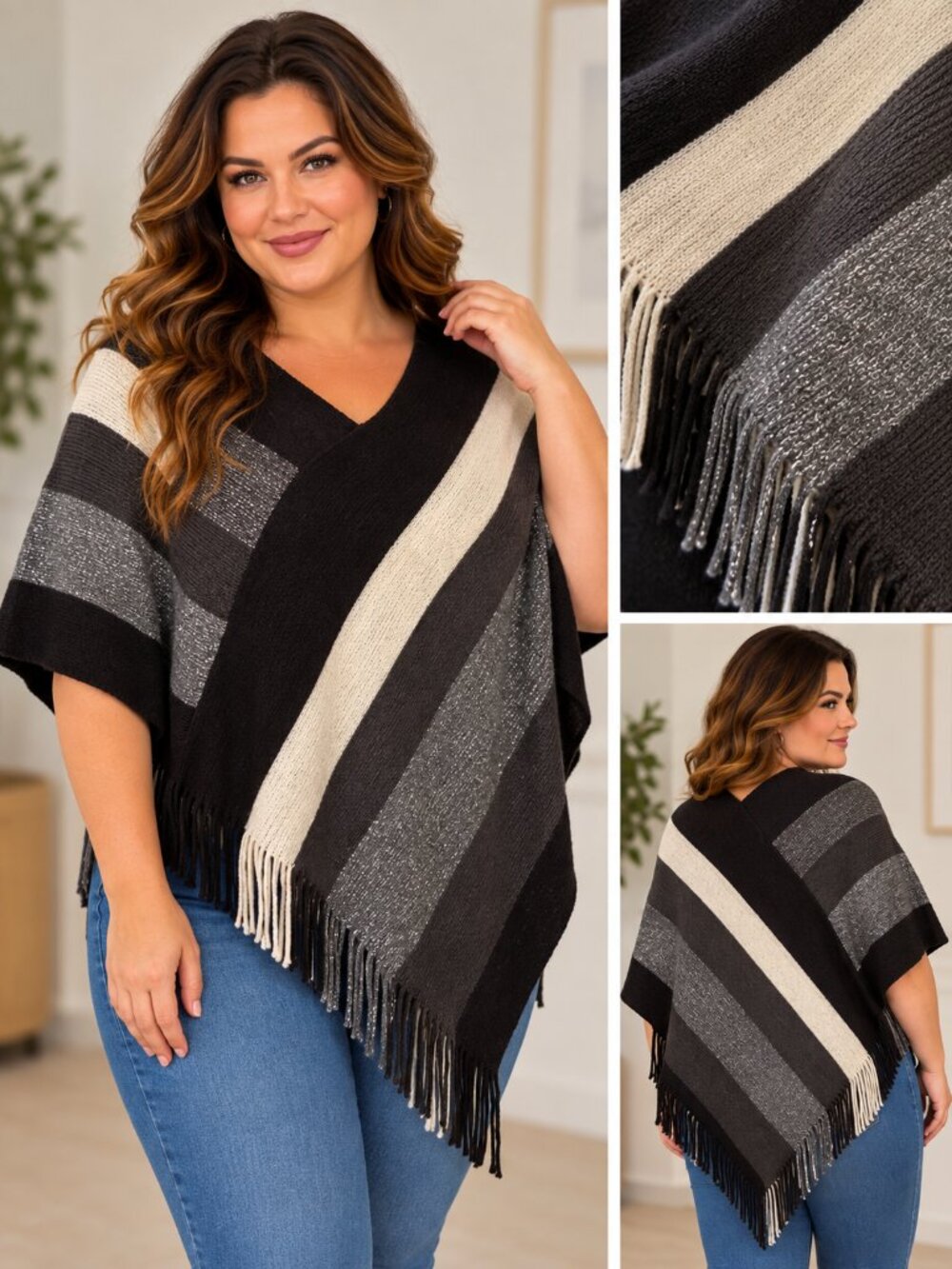 CNStock Sweater Poncho Fringe Trim Striped Black, Cream & Gray Size L/XL